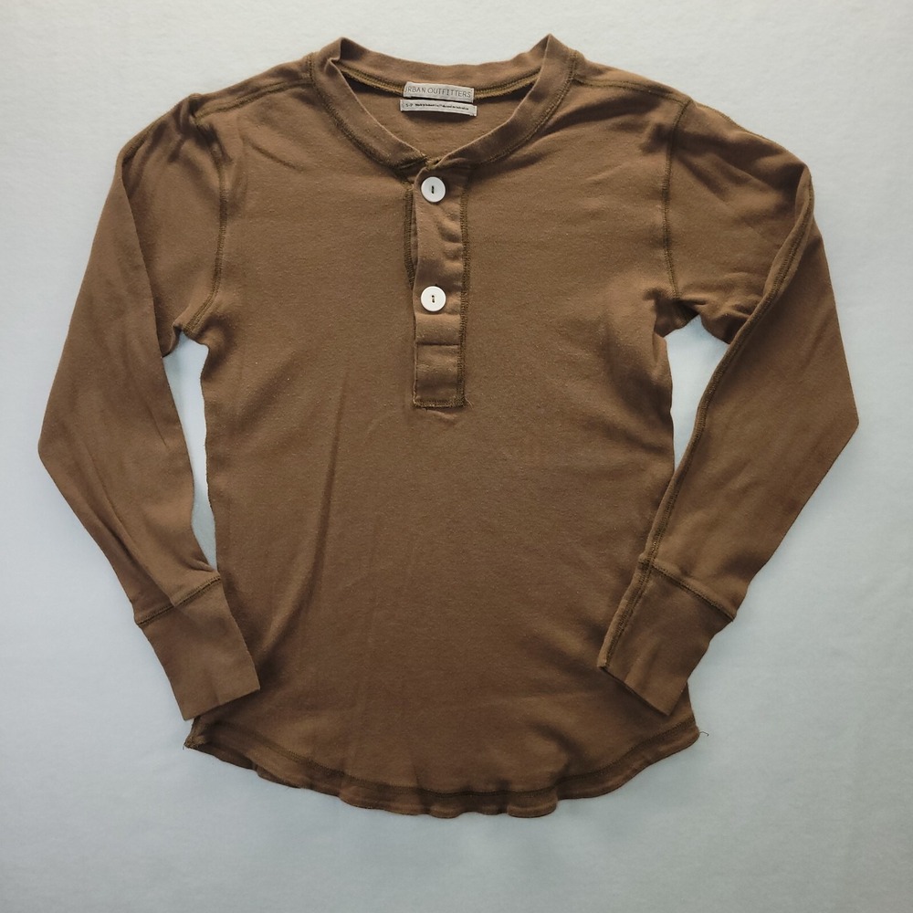 Urban Outfitters Brown‎ Henley Long Sleeve Shirt Small Curved Hem Thermal Top